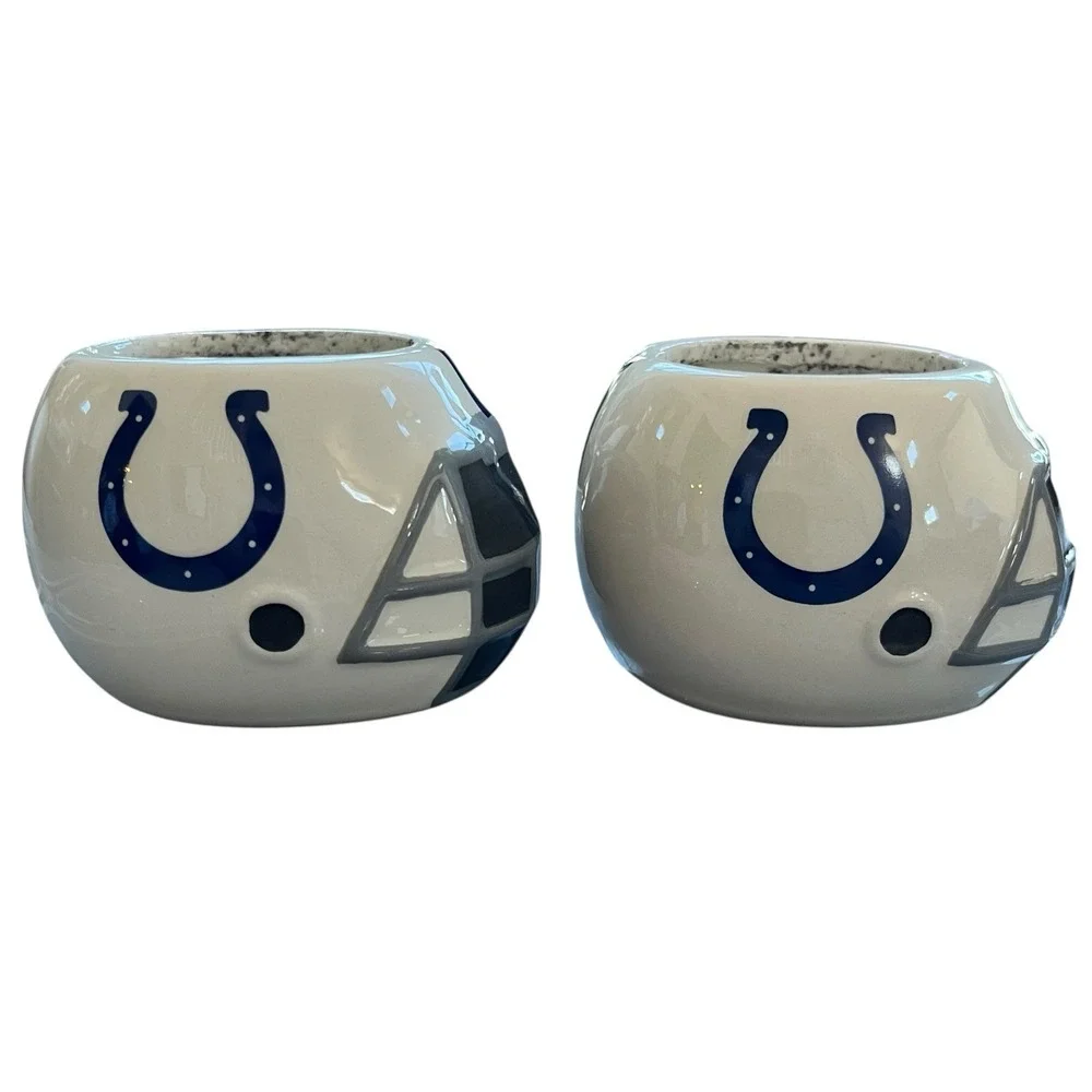Set Of 2 Indianapolis Colts NFL Ceramic Helmet Planter Candy Bowl White Football